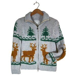 VTG 90s American‎ Eagle Womens Size S Moose Hand Knit Zip Cardigan Sweater Wool